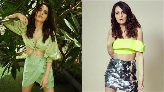 Feels Like Ishq: Radhika Madan slays satin co-ords, neon green off-shoulder top(Instagram/radhikamadan/sukritigrover)