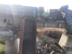 The goods train, pictured by news agency ANI, which derailed off the track in Madhya Pradesh. (ANI)