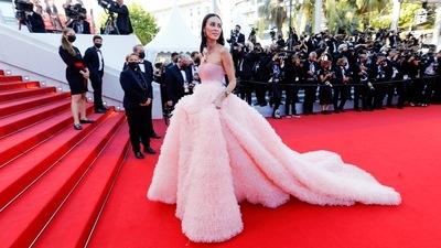 The 74th Cannes Film Festival - Screening of the film "Benedetta" in competition - Red Carpet Arrivals - Cannes, France, July 9, 2021. Elvira Jain poses.  (REUTERS)