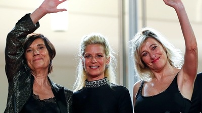 The 74th Cannes Film Festival - Screening of the film "La fracture" (The Divide) in competition - Red Carpet Arrivals - Cannes, France, July 9, 2021. Director Catherine Corsini and cast members Marina Fois, and Valeria Bruni Tedeschi pose.  (REUTERS)