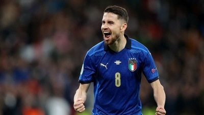 Italy's Jorginho celebrates after he scores the winning penalty during the shoot-out. (Pool via REUTERS)