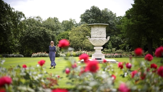 Palace staff member walks through the Rose Garden at The Garden of Buckingham Palace, during a preview day before it opens to the public, in London, Britain, July 8, 2021. (REUTERS)