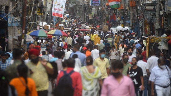 A rush of people at Sadar Bazar market in New Delhi, India, on Tuesday, July 6, 2021. (Photo by Amal KS/ Hindustan Times) A rush of people at Sadar Bazar market in New Delhi, India, on Tuesday, July 6, 2021. (Photo by Amal KS/ Hindustan Times)
