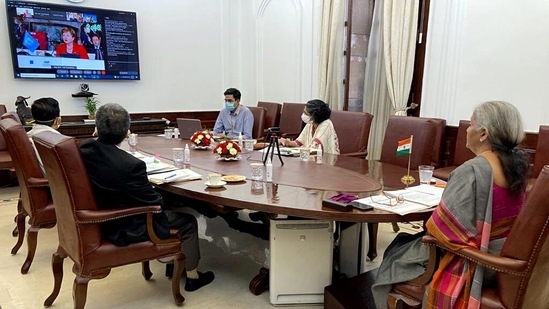 Union minister for finance &amp; corporate affairs Nirmala Sitharaman virtually participates in a G20 meeting.(ANI)