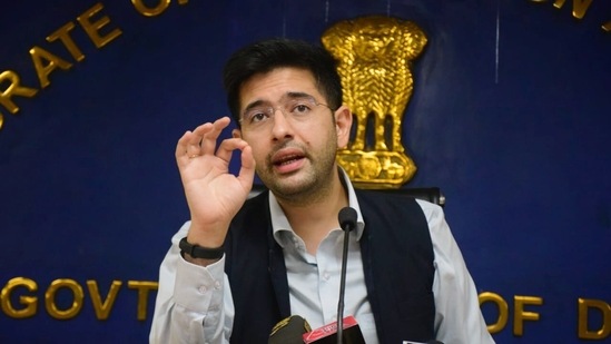 Senior AAP leader and the Vice-Chairman of the Delhi Jal Board Raghav Chadha addresses a press conference, in New Delhi on Saturday. (ANI Photo)