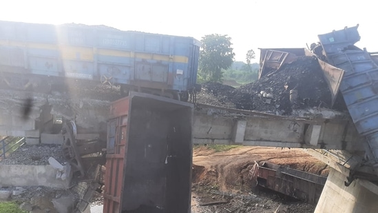 The goods train, pictured by news agency ANI, which derailed off the track in Madhya Pradesh. (ANI)