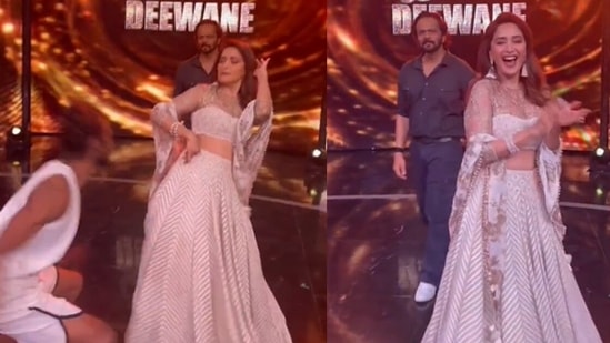 Madhuri Dixit and Rohit Shetty on the sets of Dance Deewane 3. 