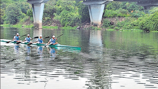 Students practice for COEP’s annual regatta which will be only telecast online. (HT)