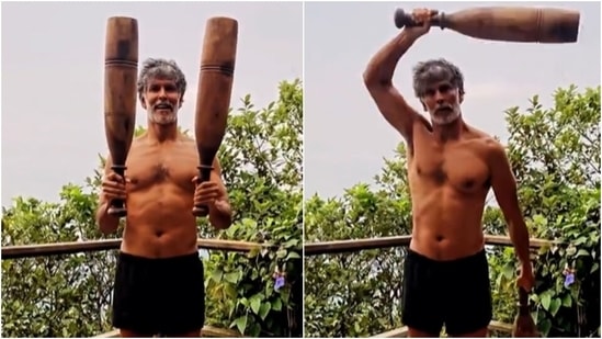Ankita Konwar's cutie Milind Soman trains with two mudgars in new workout video(Instagram/@milindrunning)