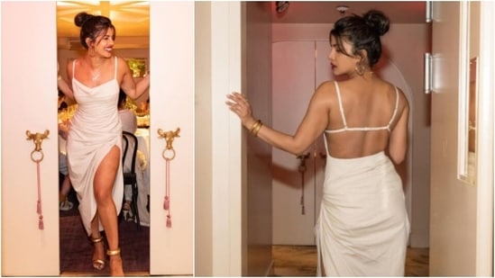 The actor wore a white silk backless dress which she teamed with a pair of golden stilettos.(Instagram/@priyankachopra)