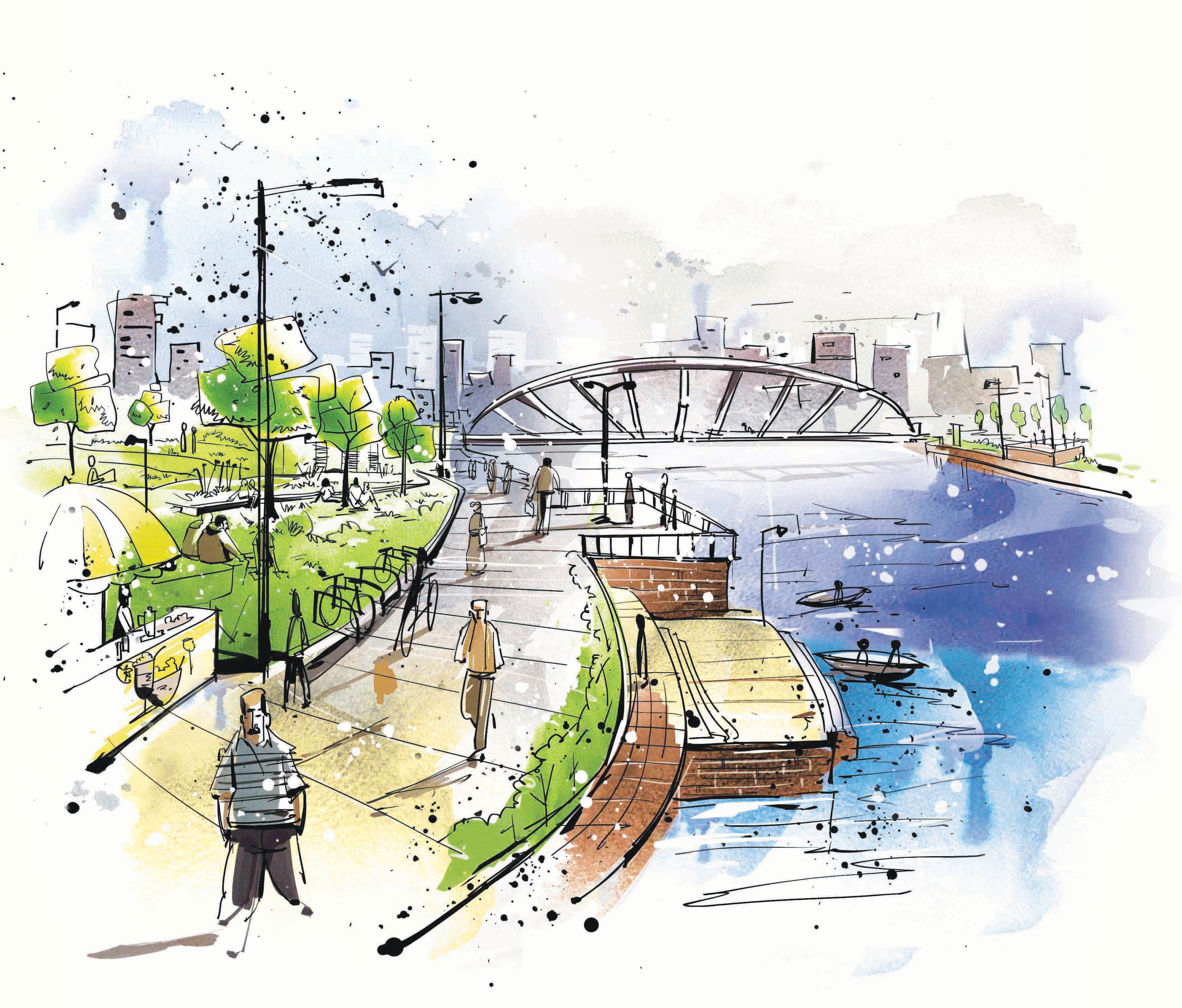Until the 1960s, Delhiites would picnic along the banks of the Yamuna. There is now a plan to develop walking and cycling trails and a green buffer zone here, to help restore the city’s connection with its river. (HT illustrations: Mohit Suneja and Gajanan Nirphale) Until the 1960s, Delhiites would picnic along the banks of the Yamuna. There is now a plan to develop walking and cycling trails and a green buffer zone here, to help restore the city’s connection with its river. (HT illustrations: Mohit Suneja and Gajanan Nirphale)