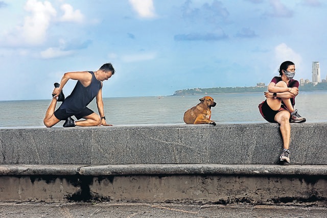 On Marine Drive, some familiar sights have returned along the water’s edge. Yoga and exercising by the sea, as the canines offer quiet company. (Satish Bate / HT) On Marine Drive, some familiar sights have returned along the water’s edge. Yoga and exercising by the sea, as the canines offer quiet company. (Satish Bate / HT)