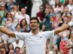 Serbia's Novak Djokovic celebrates winning his final match against Italy's Matteo Berrettini at Wimbledon.