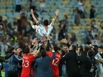 Argentina captain Lionel Messi lifted in the air by his teammates after winning the Copa America 2021 title.(Getty Images) Argentina captain Lionel Messi lifted in the air by his teammates after winning the Copa America 2021 title.(Getty Images)