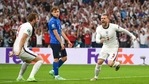 England's Luke Shaw, right, celebrates after scoring his side's opening goal during the Euro 2020 final match between England and Italy.(AP) England's Luke Shaw, right, celebrates after scoring his side's opening goal during the Euro 2020 final match between England and Italy.(AP)