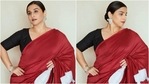 Sherni Vidya Balan paints the town a romantic red in elegant applique silk saree(Instagram/@who_wore_what_when) Sherni Vidya Balan paints the town a romantic red in elegant applique silk saree(Instagram/@who_wore_what_when)