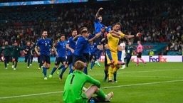 Italian players celebrate after the penalty shootout of the Euro 2020 soccer final match.(AP)