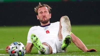 England's Harry Kane falls during the Euro 2020 soccer final match between England and Italy at Wembley stadium in London, Sunday, July 11, 2021. (Laurence Griffiths/Pool via AP) (AP) England's Harry Kane falls during the Euro 2020 soccer final match between England and Italy at Wembley stadium in London, Sunday, July 11, 2021. (Laurence Griffiths/Pool via AP) (AP)