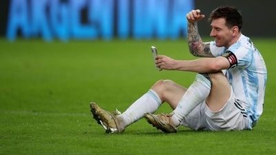 Lionel Messi in a video-call at the pitch after winning the Copa America (REUTERS)