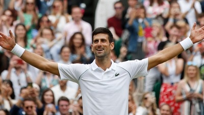 Serbia's Novak Djokovic celebrates winning his final match against Italy's Matteo Berrettini at Wimbledon. (REUTERS)