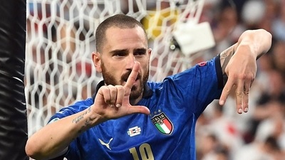 Italy's Leonardo Bonucci celebrates scoring their first goal. (Pool via REUTERS)