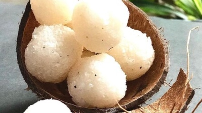 Narikol Laru: `Laru means ladoo in Assamese. Narikol ladoo ismade with grated coconut and sugar syrup.  (Instagram/@food.exotica)