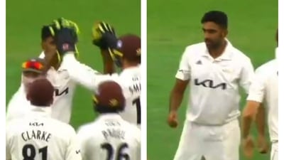 R Ashwin bowled the first over in a county match. (Screenshot/Surrey Cricket) R Ashwin bowled the first over in a county match. (Screenshot/Surrey Cricket)