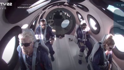 Billionaire Richard Branson and crew aboard VSS Unity. (YouTube/Virgin Galactic)