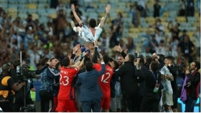 Lionel Messi lifted in the air by his teammates after Argentina beat Brazil 1-0 in Copa America final (Getty)