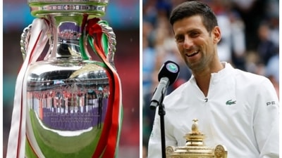 Euro 2020: Wimbledon 2021 winner Novak Djokovic (in frame) gave an epic response while predicting Italy vs England final winner. (HT Collage) Euro 2020: Wimbledon 2021 winner Novak Djokovic (in frame) gave an epic response while predicting Italy vs England final winner. (HT Collage)