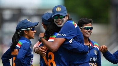 Deepti Sharma, center, celebrates catching England's Natalie Sciver during the One Day International cricket match at New Road One. (AP) Deepti Sharma, center, celebrates catching England's Natalie Sciver during the One Day International cricket match at New Road One. (AP)