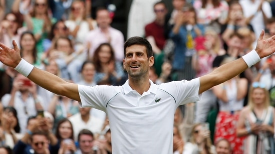 Serbia's Novak Djokovic celebrates winning his final match against Italy's Matteo Berrettini at Wimbledon.(REUTERS)