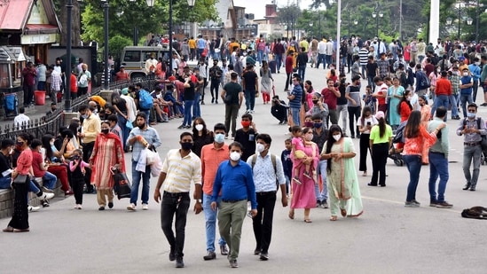 A large number of tourists strolling at Ridge in Shimla in July. (Photo by Deepak Sansta / Hindustan Times)