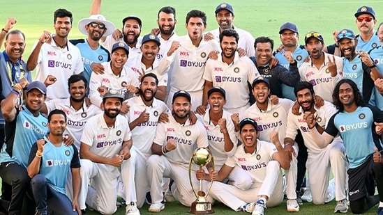 Team India celebrate the Border-Gavaskar trophy win in Australia(AP)