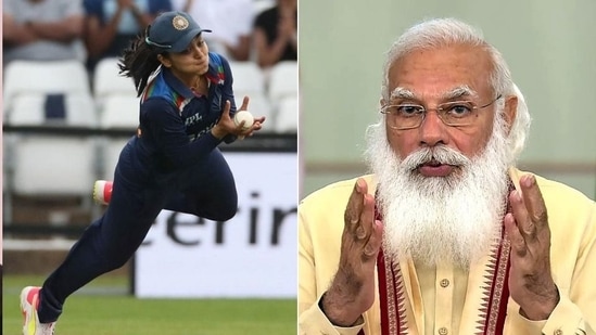 PM Narendra Modi (L) lauds Harleen Deol's (R) catch in the 1st T20I against England on Friday.(HT Collage)