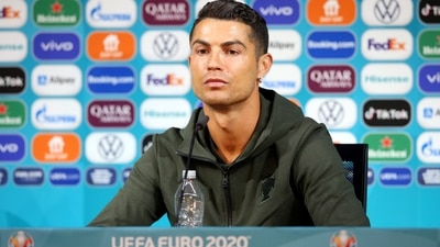 Portugal's Cristiano Ronaldo during the press conference. (Handout via REUTERS)