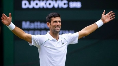 Serbia's Novak Djokovic celebrates after winning his final match against Italy's Matteo Berrettini. (Pool via REUTERS)