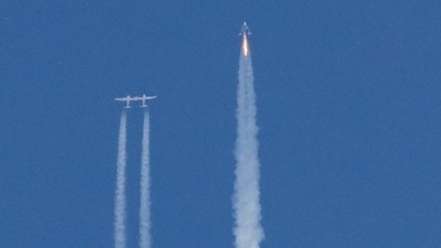 Richard Branson's trip upstaged rival astro-tourism venture Blue Origin founded by Jeff Bezos. In picture - Virgin Galactic's passenger rocket plane VSS Unity. (Reuters)