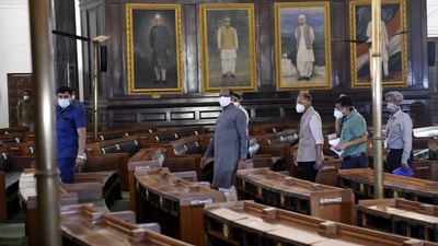 Lok Sabha speaker Om Birla inspects the preparations at Parliament House in New Delhi on Monday. (Arvind Yadav/HT PHOTO) Lok Sabha speaker Om Birla inspects the preparations at Parliament House in New Delhi on Monday. (Arvind Yadav/HT PHOTO)