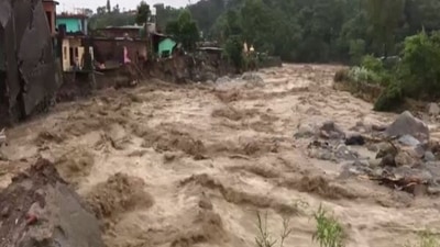At least six houses were swept away due to flash floods caused from heavy rainfall in Himachal Pradesh's Kangra district. (ANI Photo) At least six houses were swept away due to flash floods caused from heavy rainfall in Himachal Pradesh's Kangra district. (ANI Photo)