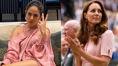 Mira Rajput shares her thoughts on Kate Middleton's Wimbledon 2021 Men's Finals outfit. (Mira Rajput Instagram/AP Photo/Kirsty Wigglesworth) Mira Rajput shares her thoughts on Kate Middleton's Wimbledon 2021 Men's Finals outfit. (Mira Rajput Instagram/AP Photo/Kirsty Wigglesworth)