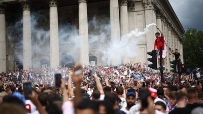 England fans with flares gather in Trafalgar Square ahead of the match (Reuters) England fans with flares gather in Trafalgar Square ahead of the match (Reuters)