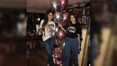 Karisma shared this picture on her Instagram on Kareena's birthday. The sisters twinned in t-shirts and flare denims. (Instagram/@therealkarismakapoor) Karisma shared this picture on her Instagram on Kareena's birthday. The sisters twinned in t-shirts and flare denims. (Instagram/@therealkarismakapoor)