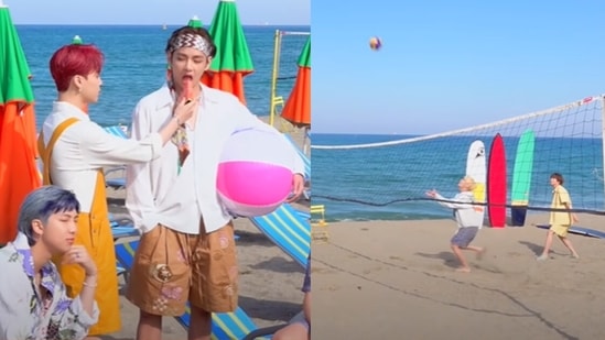 (L) BTS members RM, Jimin and V during Butter concept photo shoot, (R) J-Hope and Jin join Jimin and V for volleyball. 