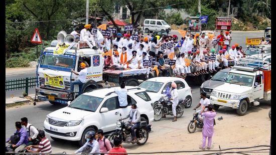 Shiromani Akali Dal workers during a protest in Patiala on Monday.