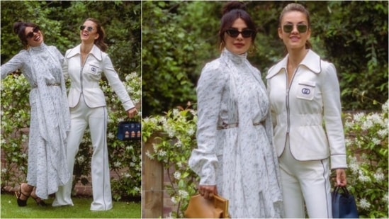 For the occasion, Priyanka wore a marble printed turtle neck top and long flairy skirt which she accessorised with a waist belt, tanned bad and cat-eye shades.(Instagram/@priyankachopra)