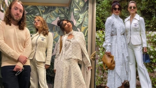 Natasha, on the other hand, donned a white jacket and flare leg pants with black borders. She accessorised her look with a blue purse and shades. With minimal makeup, she tied her hair up in a high ponytail.(Instagram/@priyankachopra)