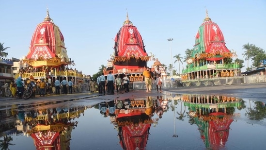 The chariots of the Hindu deities Balabhadra, Subhadra and Jagannath at the Gundicha temple during the annual Rath Yatra festival, in Puri. (Photo by Arabinda Mahapatra / Hindustan Times)