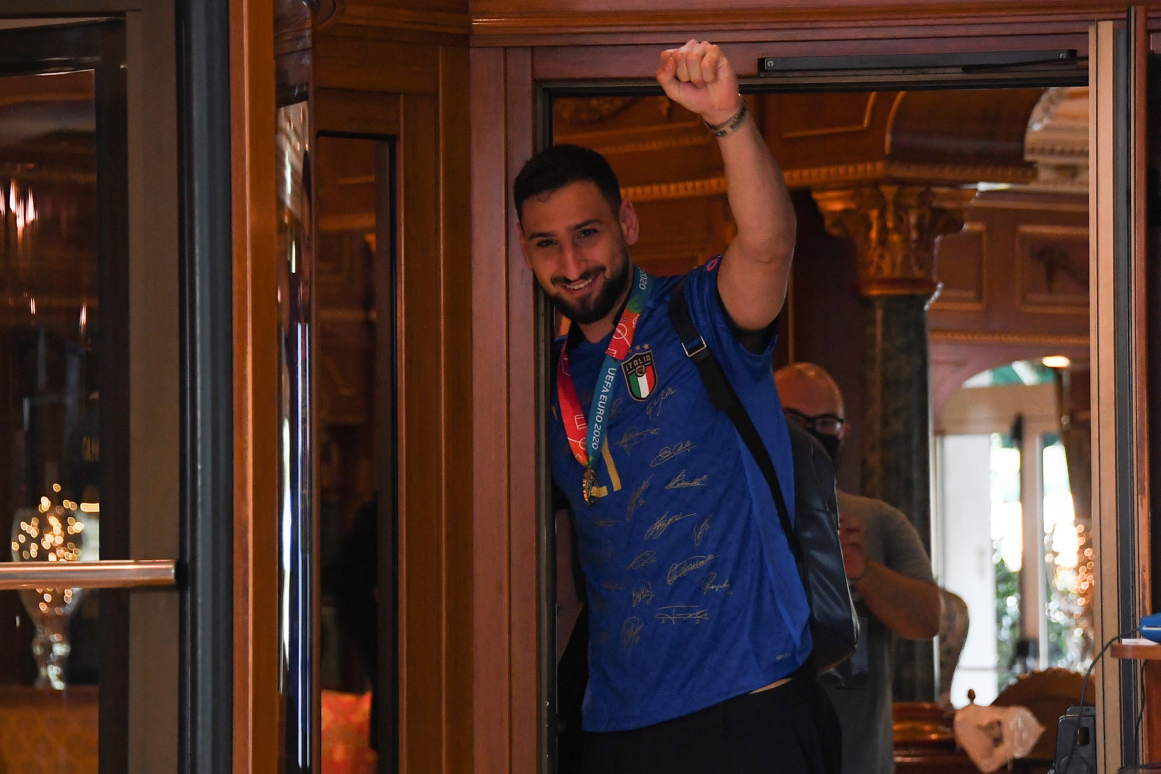 Euro 2020 - Italy's Gianluigi Donnarumma gestures as the team arrives at the Parco dei Principi hotel after winning the European Championship.(REUTERS)