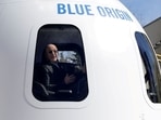 Amazon and Blue Origin founder Jeff Bezos addresses the media about the New Shepard rocket booster and Crew Capsule mockup at the 33rd Space Symposium in Colorado Springs, Colorado, United States. 